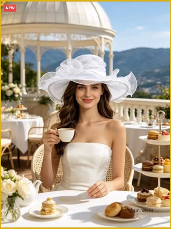 Organza Church Fascinator Bridal Tea Party Wedding Hat Wide Brim main image 7
